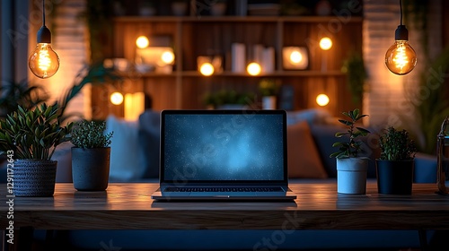 Cozy laptop workspace at night with warm lighting