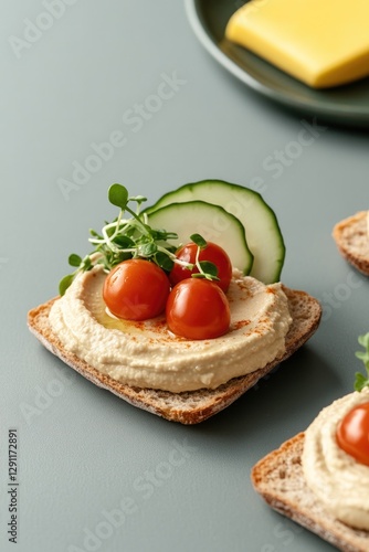 Creamy hummus spread topped with cherry tomatoes and cucumber ga