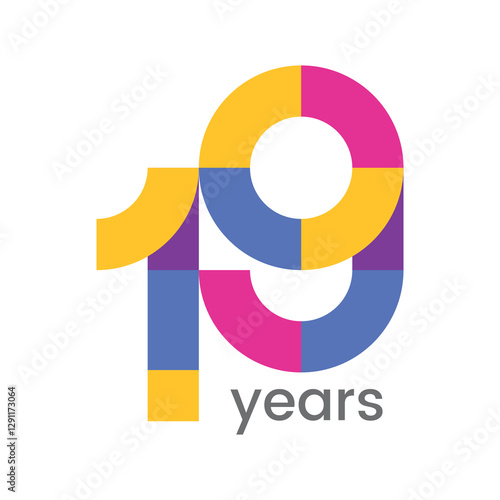 logo 19th anniversary celebration with colorful design, Modern geometric style. 