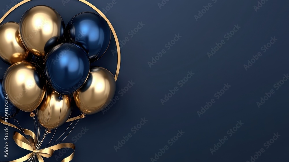 Elegant Balloon Arrangement with Gold and Navy Blue Balloons Against a Dark Background Elegant Balloon Arrangement with Gold and Navy Blue Balloons Against a Dark Background