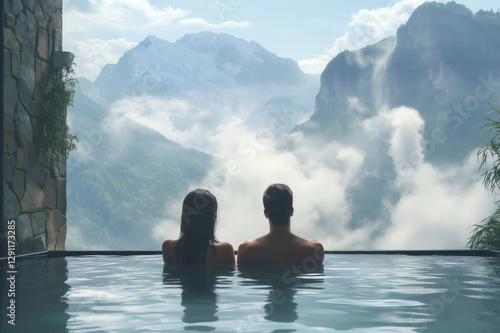 Wallpaper Mural Relaxing in an infinity pool, a couple enjoys breathtaking mountain views, embracing tranquility and romance in a luxurious outdoor setting Torontodigital.ca