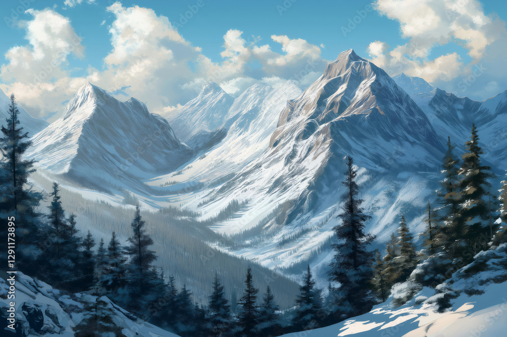 Obraz premium Panoramic view of snow covered Rocky Mountains and pine forest under blue sky with white clouds