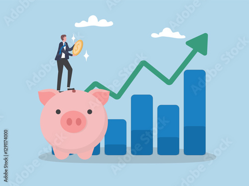 Businessman put gold coin in piggy bank. Concept of saving money, financial retirement planning, growth business, high return investment, profits increase, money management flat vector illustration.