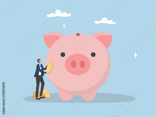 Businessman put gold coin in piggy bank. Concept of saving money, financial retirement planning, growth business, high return investment, profits increase, money management flat vector illustration.