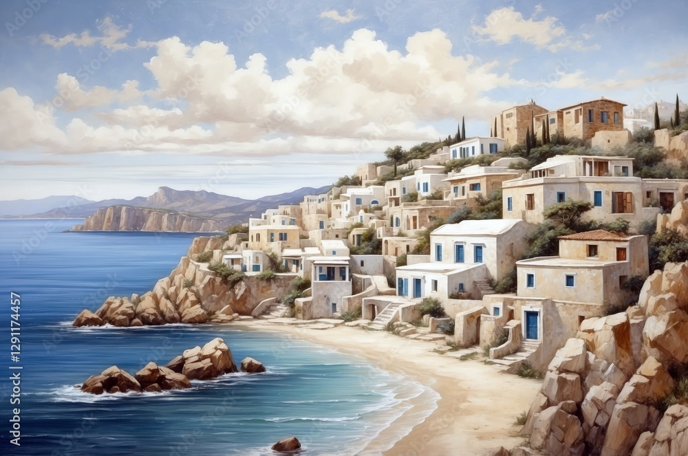 Coastal village with white houses and azure waters under a bright sky in a serene landscape Coastal village with white houses and azure waters under a bright sky in a serene landscape