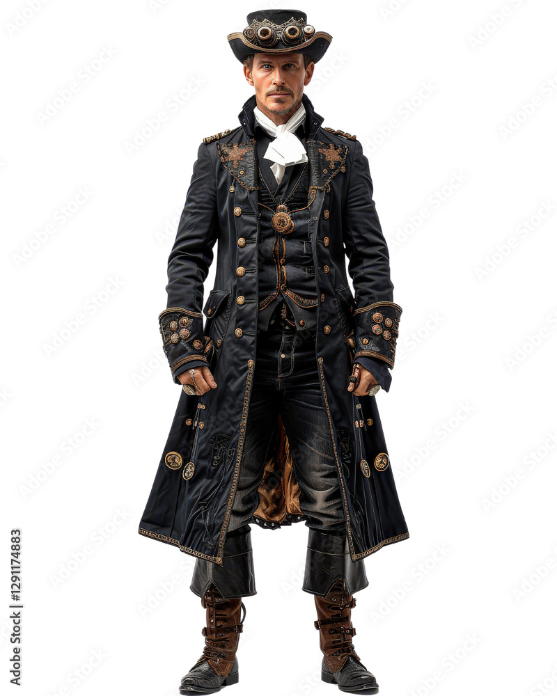 Victorian Steampunk Man in Elaborate Costume with Hat, Boots, and Accessories for Themed Event or Photography Session Victorian Steampunk Man in Elaborate Costume with Hat, Boots, and Accessories for Themed Event or Photography Session