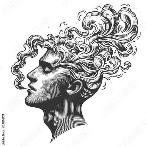 man with smoke emerging from his head, symbolizing thoughts and imagination sketch engraving generative ai fictional character vector illustration. Scratch board imitation. Black and white image.