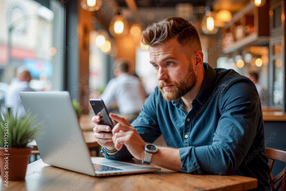Man at Table Using Laptop and Cell Phone Man at Table Using Laptop and Cell Phone
