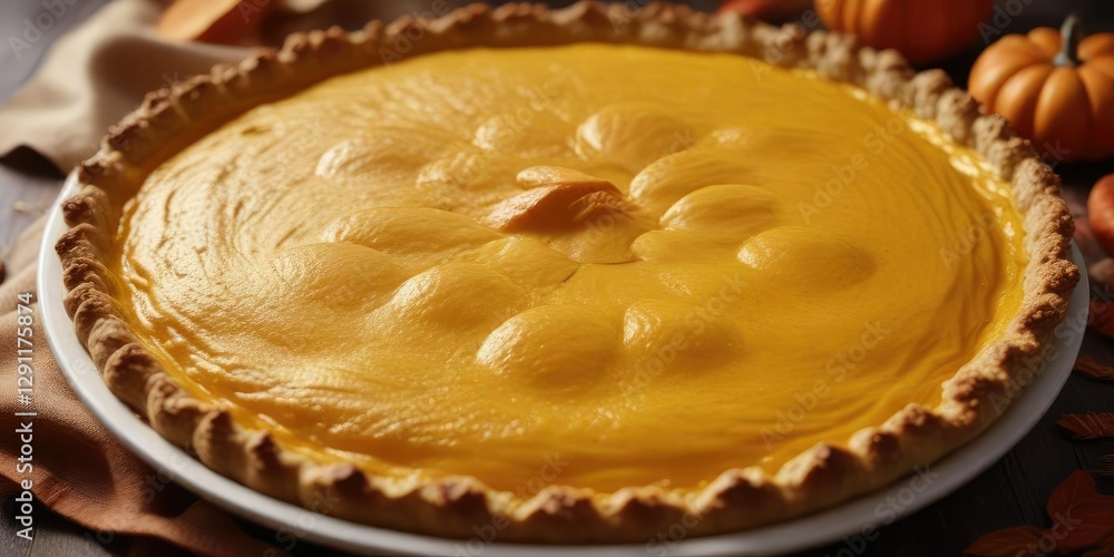 Creamy pumpkin puree filling in a golden brown crust, fall treats, baked goods, autumn dessert Creamy pumpkin puree filling in a golden brown crust, fall treats, baked goods, autumn dessert