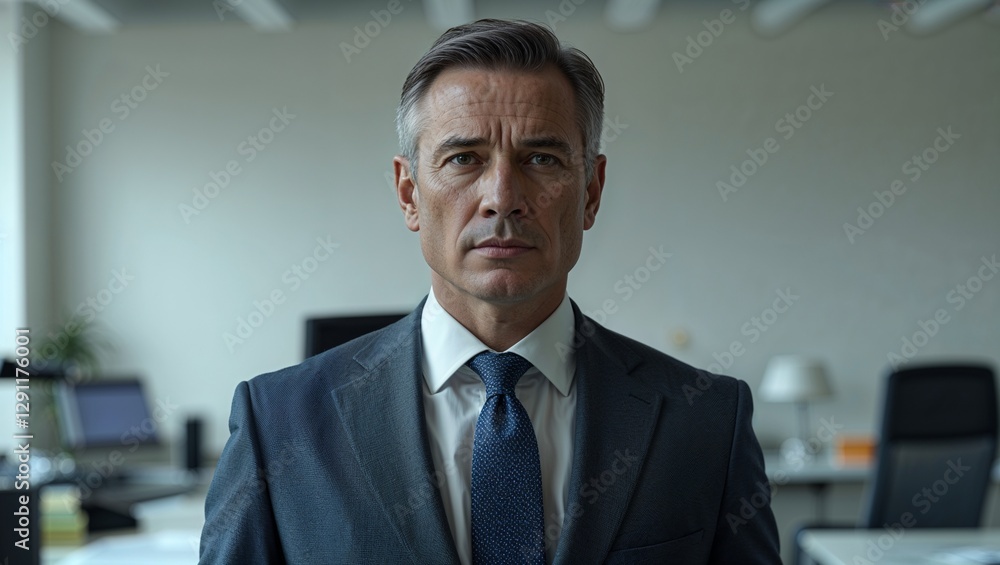Fototapeta premium A middle aged male businessman in a suit in an office on a plain background
