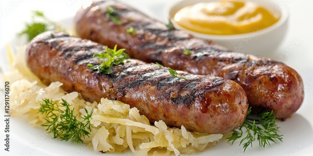 Grilled Bratwurst with Sauerkraut and Mustard on a white background Grilled Bratwurst with Sauerkraut and Mustard on a white background