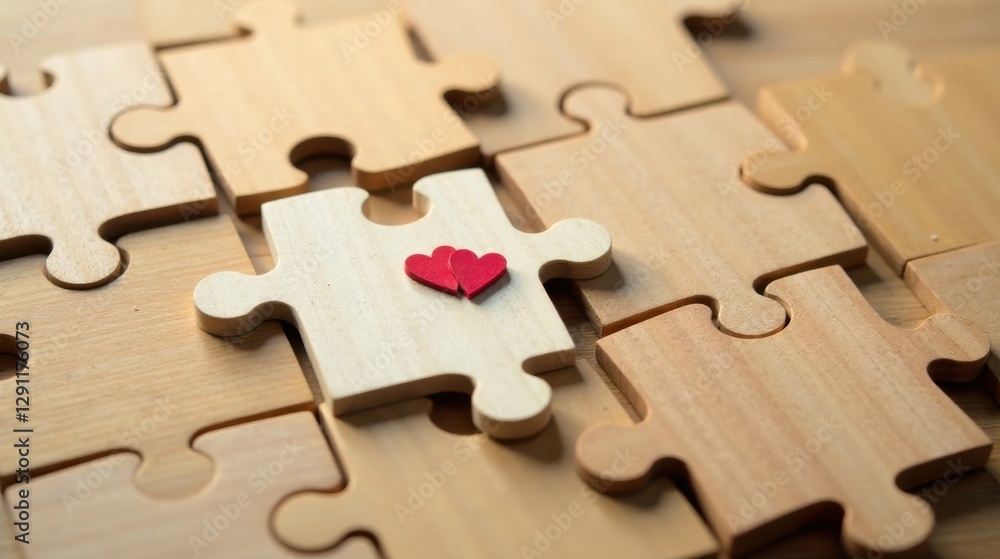 Obraz premium Two Interlocking Wooden Puzzle Pieces with Miniature Hearts Representing Connection and Unity