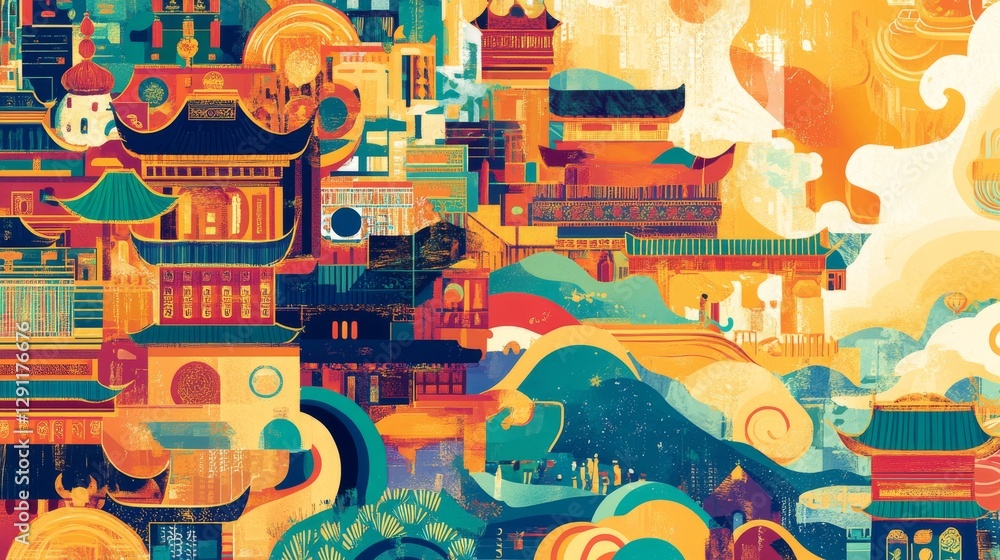 Vibrant illustration of traditional architecture amidst swirling clouds and waves, showcasing culture Vibrant illustration of traditional architecture amidst swirling clouds and waves, showcasing culture