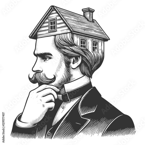 thoughtful man in a suit with a house replacing the top of his head, symbolizing home and mind connection sketch engraving generative ai vector illustration. Scratch board. Black and white image.