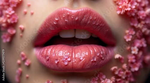Close-up of beautiful aesthetic lips with red lipstick filled with decorative flowers around, sexy and sensual