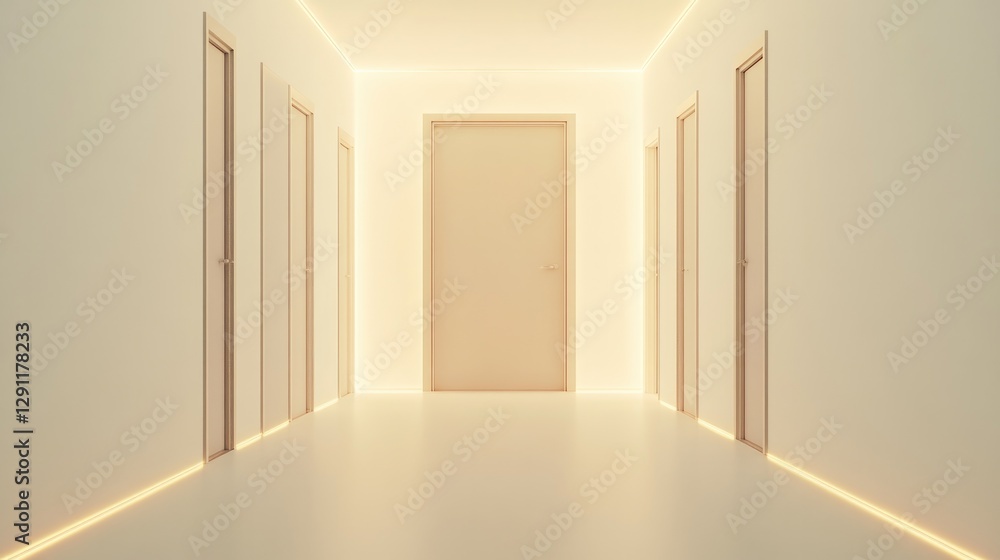 Fototapeta premium Bright hallway with multiple doors, soft lighting creating seren