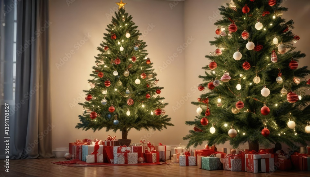 Decorated Christmas tree with ornaments and lights, twinkling lights, evergreen branches, silver balls Decorated Christmas tree with ornaments and lights, twinkling lights, evergreen branches, silver balls