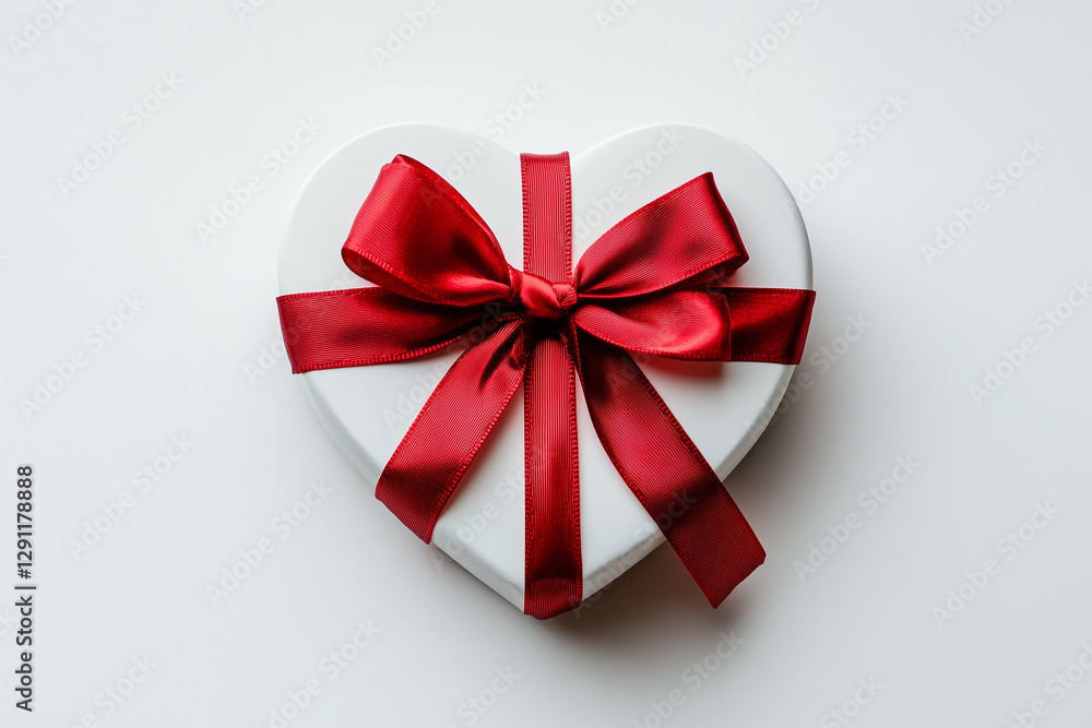 a heart shaped box with a red ribbon on it and a bow on the top of it, on a white surface a heart shaped box with a red ribbon on it and a bow on the top of it, on a white surface