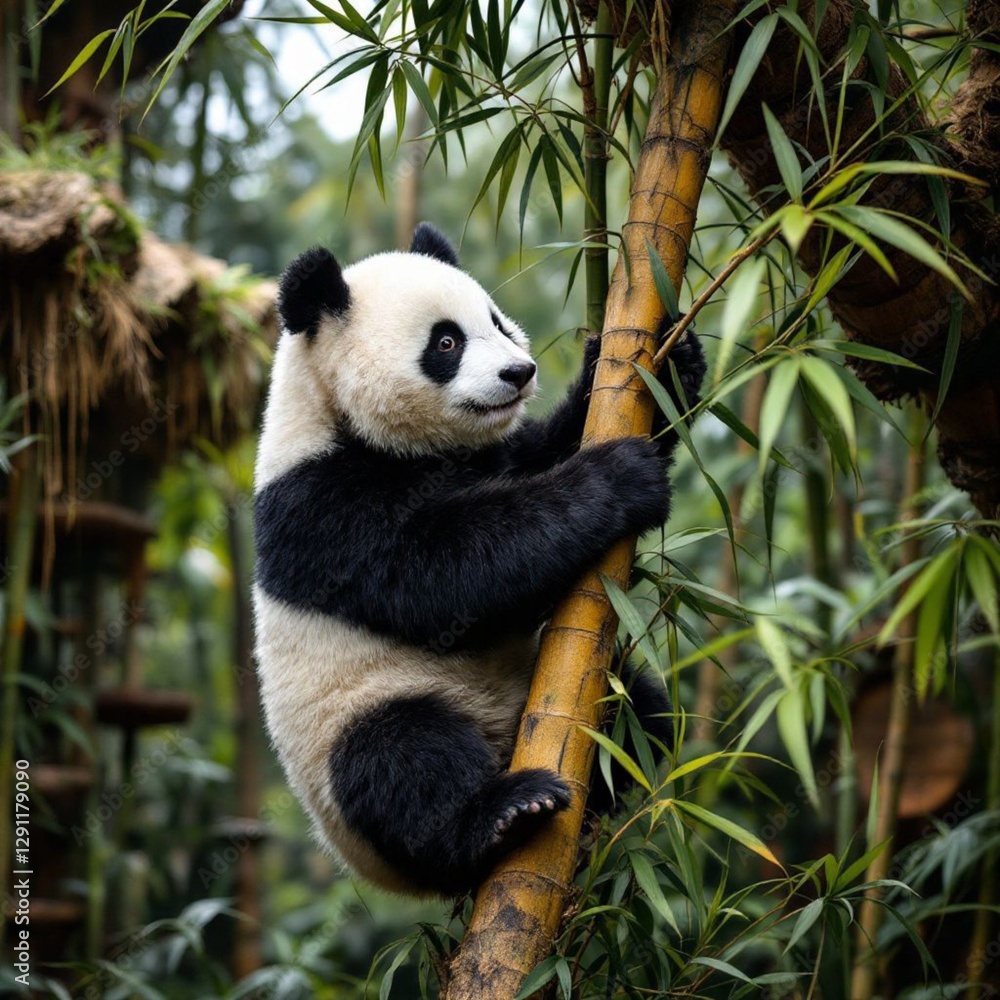 Fototapeta premium Panda climbing a bamboo tree