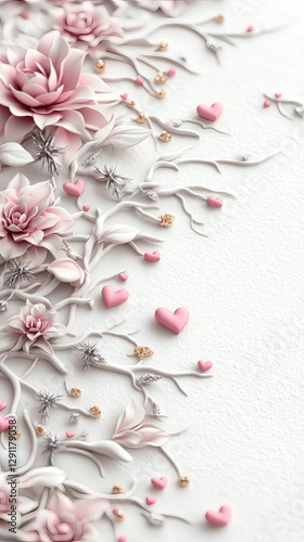 wedding banner, pink retro floral frame in art decor ornament background.