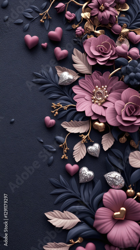 wedding banner, pink retro floral frame in art decor ornament background.