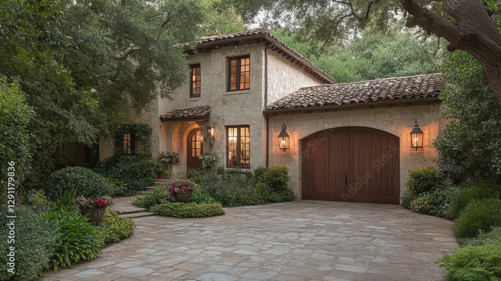 Tuscan Style Stone House with Lush Landscaping and Warm Evening Light Tuscan Style Stone House with Lush Landscaping and Warm Evening Light
