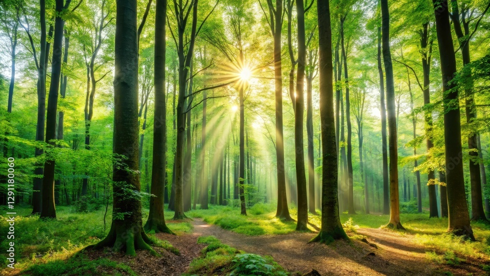 Obraz premium Dense forest with tall trees and sunlight filtering through leaves, trail, forest atmosphere, outdoors, sunlight