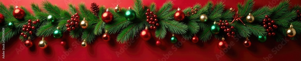 Red and green garland with pine branches and ornaments hanging from the garland, Christmas decoration, pine wreaths, holiday Red and green garland with pine branches and ornaments hanging from the garland, Christmas decoration, pine wreaths, holiday
