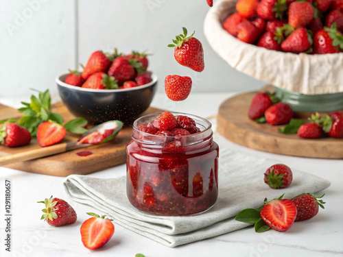 The image captures the action of strawberries being poured into a jar, surrounded by bowls and a kitchen setting, highlighting the process of making jam