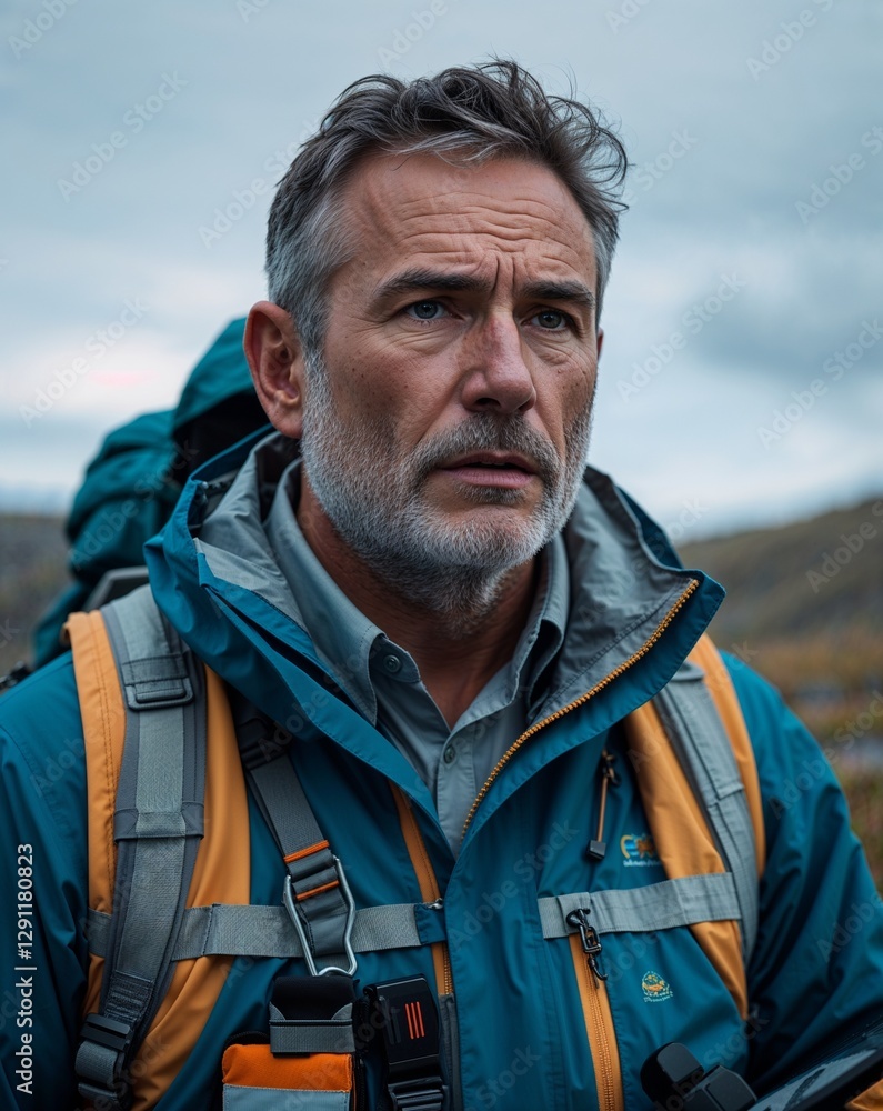 Obraz premium A middle aged male journalist in outdoor gear at a live reporting scene on a plain background
