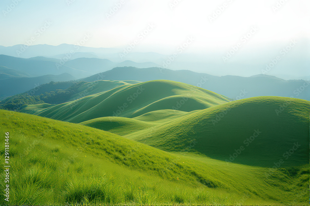 Lush green rolling hills under clear sky create serene landscape, with distant mountains fading into mist Lush green rolling hills under clear sky create serene landscape, with distant mountains fading into mist