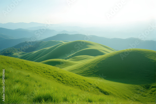 Lush green rolling hills under clear sky create serene landscape, with distant mountains fading into mist