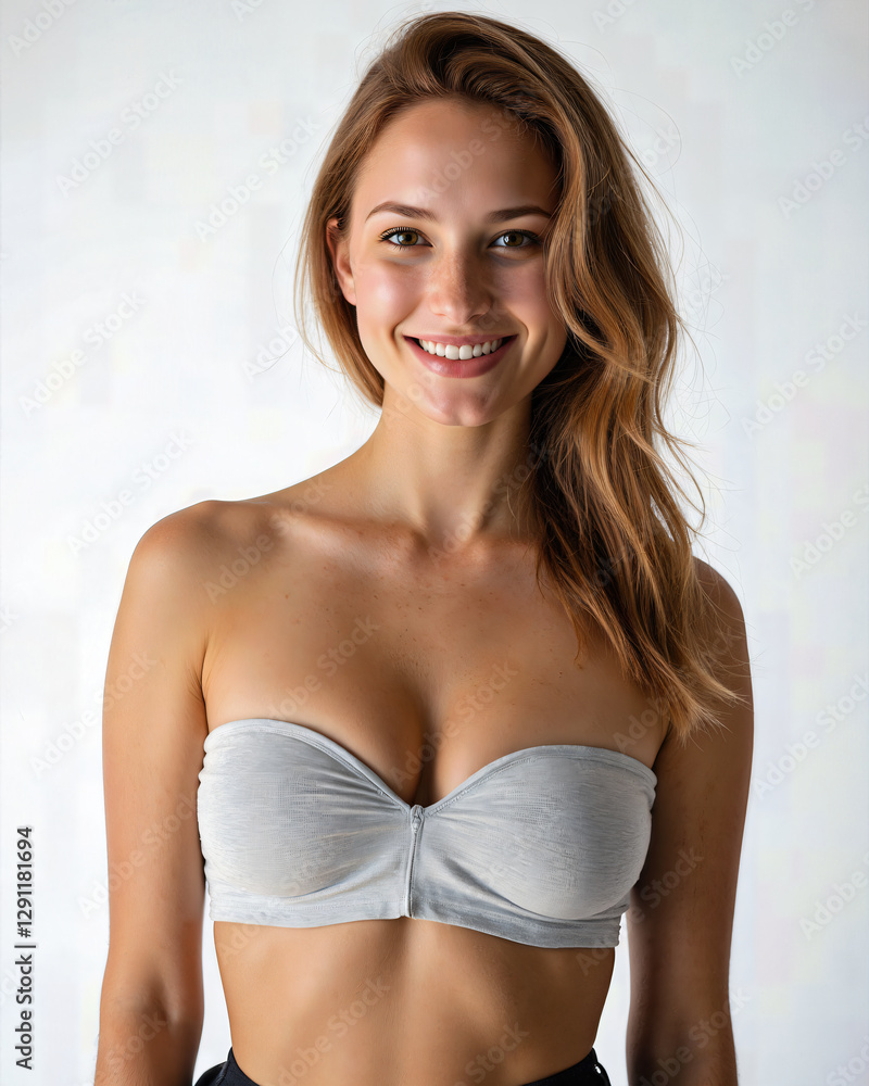 Obraz premium Young Caucasian woman wearing a stylish gray bandeau top, exuding confidence and charm in a captivating portrait shot
