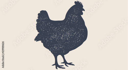 Chicken, hen. Sketch artwork black silhouette chicken with texture. Vintage retro print, chicken, hen sketch ink pencil style drawing, engrave old school. Vector Illustration