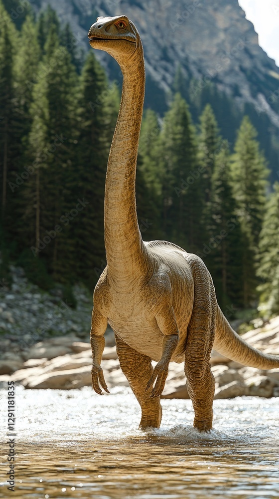 Obraz premium Brachiosaurus Wading Through a Serene Forest Stream Surrounded by Pine Trees
