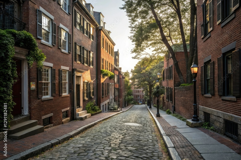 Early morning sunlight on a quiet street in Beacon Hill, Boston neighborhoods, historic homes, sidewalk cafes Early morning sunlight on a quiet street in Beacon Hill, Boston neighborhoods, historic homes, sidewalk cafes