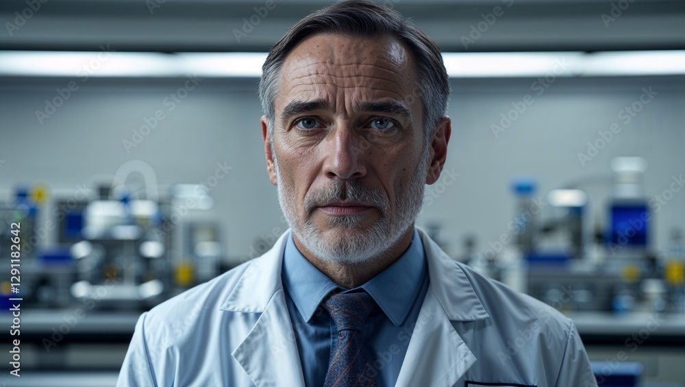 Obraz premium A middle aged male scientist in formal attire at a research center on a plain background