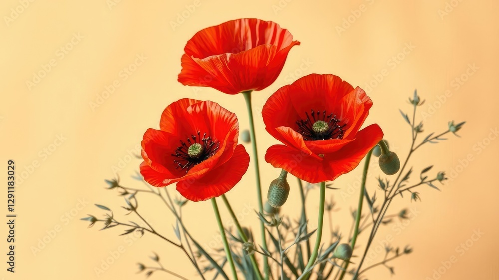 Obraz premium Elegant floral arrangement featuring bright red poppies with delicate black leaves against a warm beige background, sophisticated decor, black leaves, leafy greens