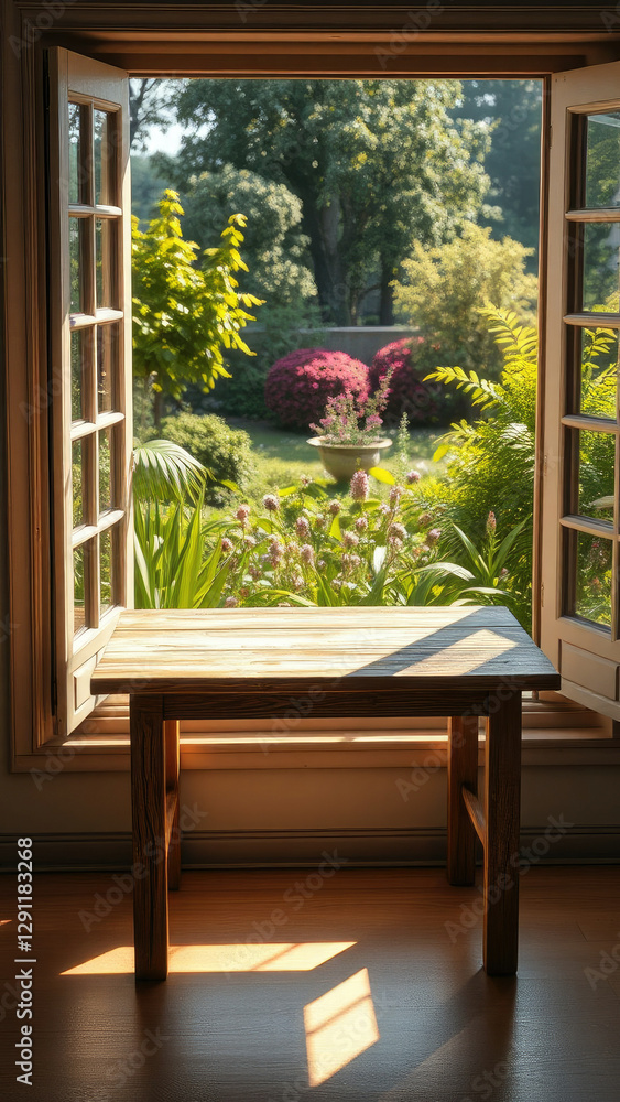 Elevated view of wooden table on windowsill in garden, houseplant display, leafy greens, garden scene