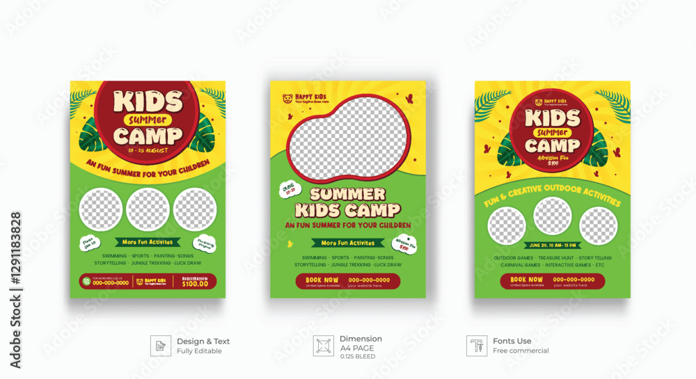 Naklejka premium Summer camp poster. Child journey, camping flyer. School kids vacation flyer design, fun, enjoy adventures poster template