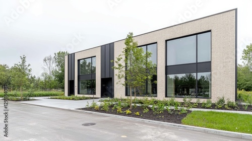 Modern office building facade in landscaped area photo