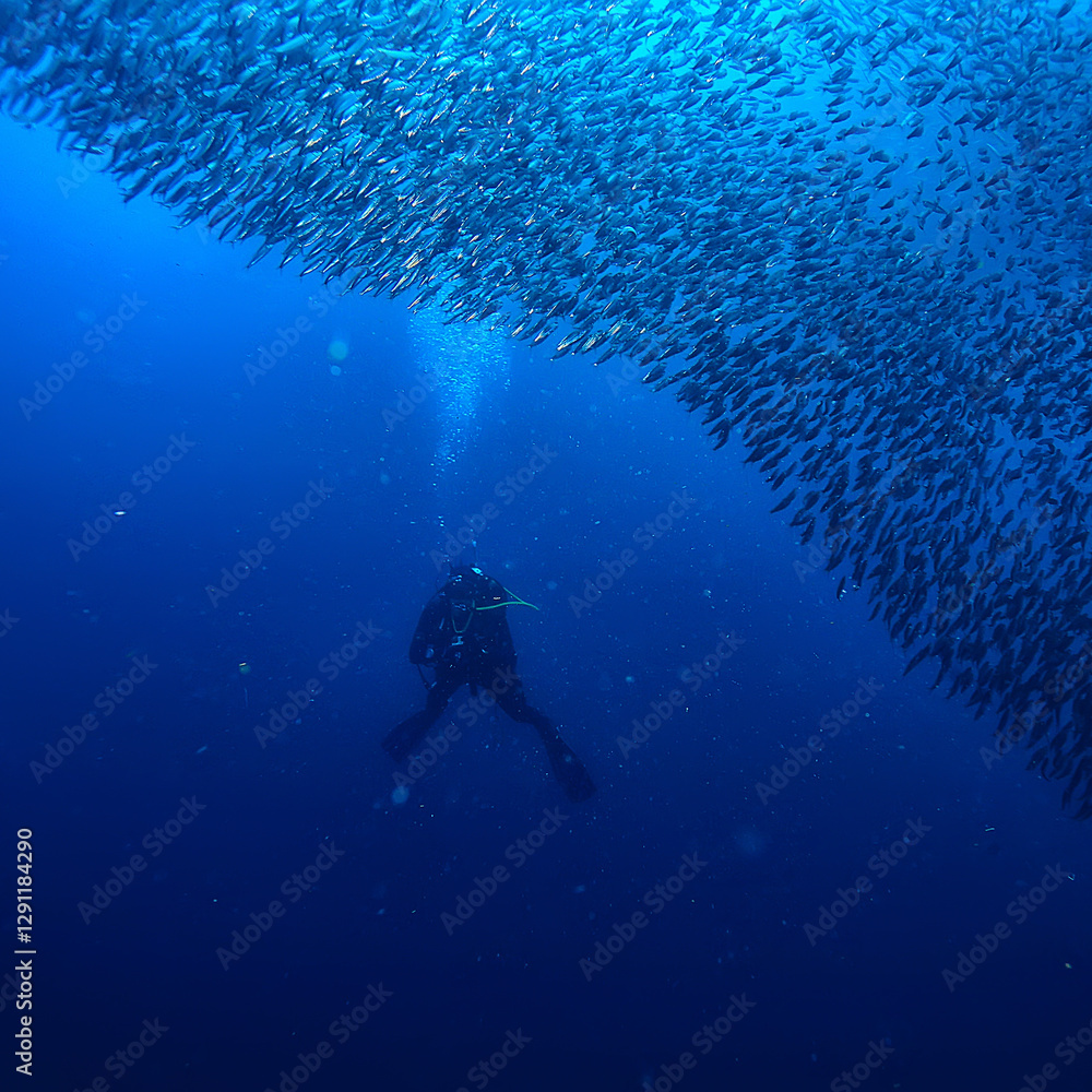 Fototapeta premium scuba diver and school of fish, fish tornado, underwater view ecosystem man under water