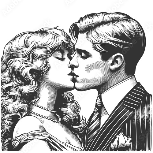 romantic couple sharing a passionate kiss, evoking classic love and elegance sketch engraving generative ai fictional character vector illustration. Scratch board imitation. Black and white image.