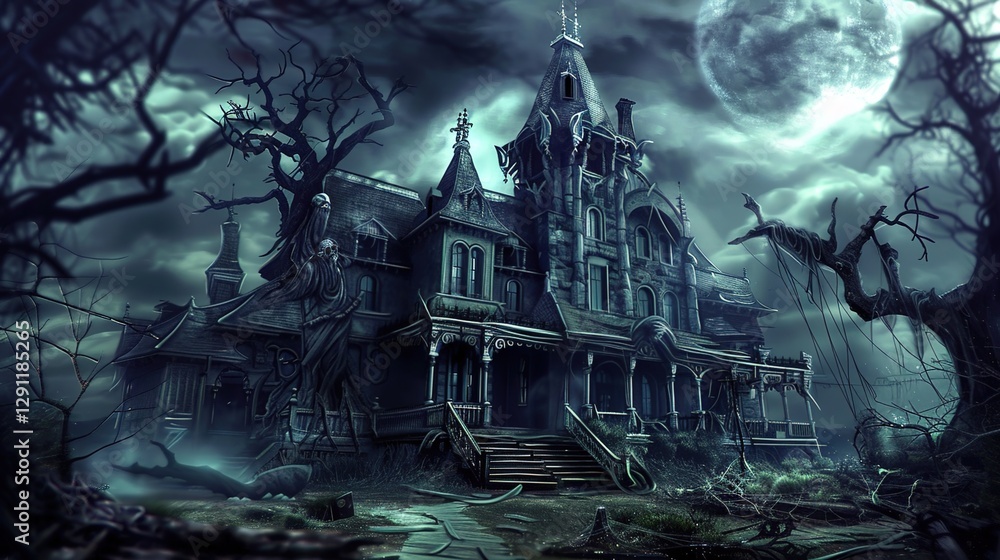 Eerie Haunted House Horror Scene Background with Spooky Atmosphere, Creepy Victorian Mansion, Ghostly Shadows, and Halloween Decoration for Dark Fantasy Design Eerie Haunted House Horror Scene Background with Spooky Atmosphere, Creepy Victorian Mansion, Ghostly Shadows, and Halloween Decoration for Dark Fantasy Design