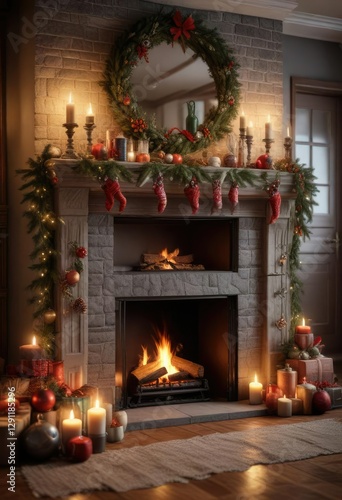 Wallpaper Mural festive holiday decorations surround the fireplace, festive decor, mistletoe, twinkling lights Torontodigital.ca