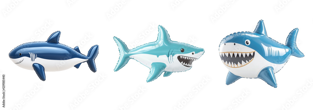 Fototapeta premium set of 3 PNG shark inflatable, designed as a fun summer accessory. Bright colors and a smooth, glossy texture make it perfect for pool parties, beach outings, and aquatic-themed visuals.