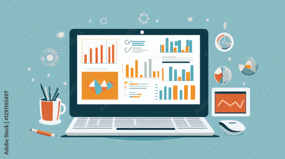 A colorful illustration of a laptop displaying various data graphs and charts, surrounded by office supplies and visual analytics elements A colorful illustration of a laptop displaying various data graphs and charts, surrounded by office supplies and visual analytics elements