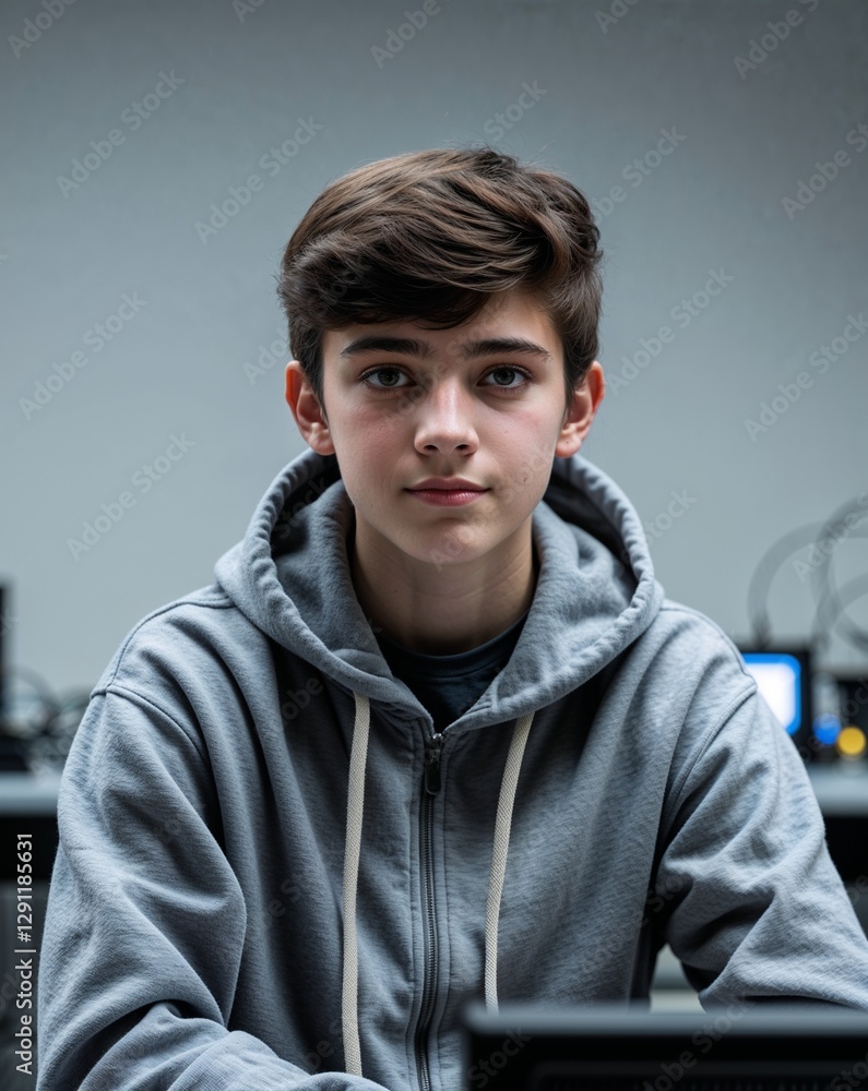 A teenage male coder in a hoodie in a tech lab on a plain background