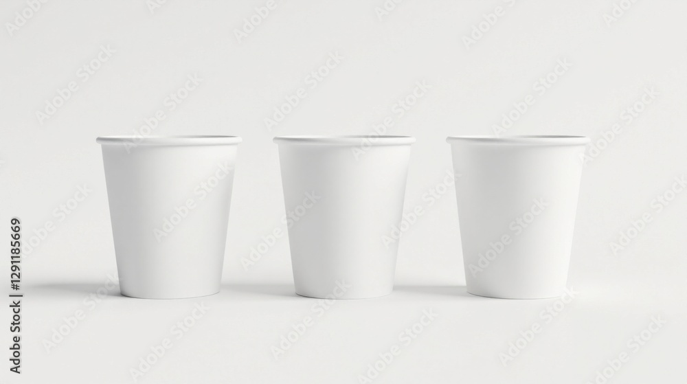 Three Blank White Paper Cups in a Row on a Plain Surface Three Blank White Paper Cups in a Row on a Plain Surface