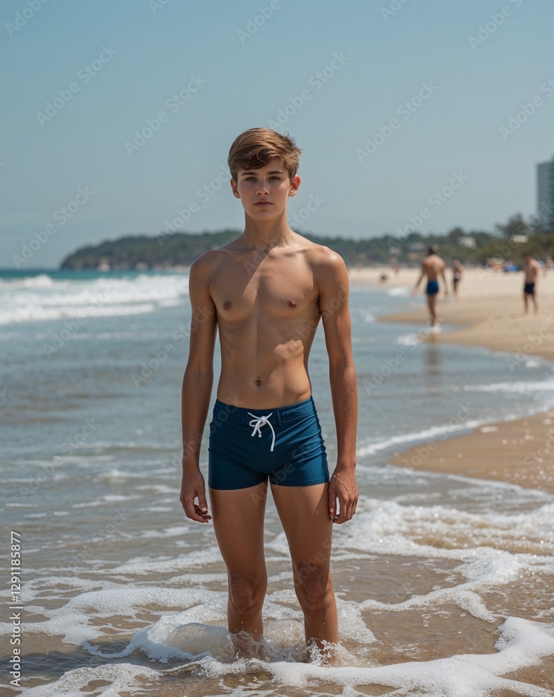 A teenage male lifeguard in swimwear by the beach on a plain background A teenage male lifeguard in swimwear by the beach on a plain background